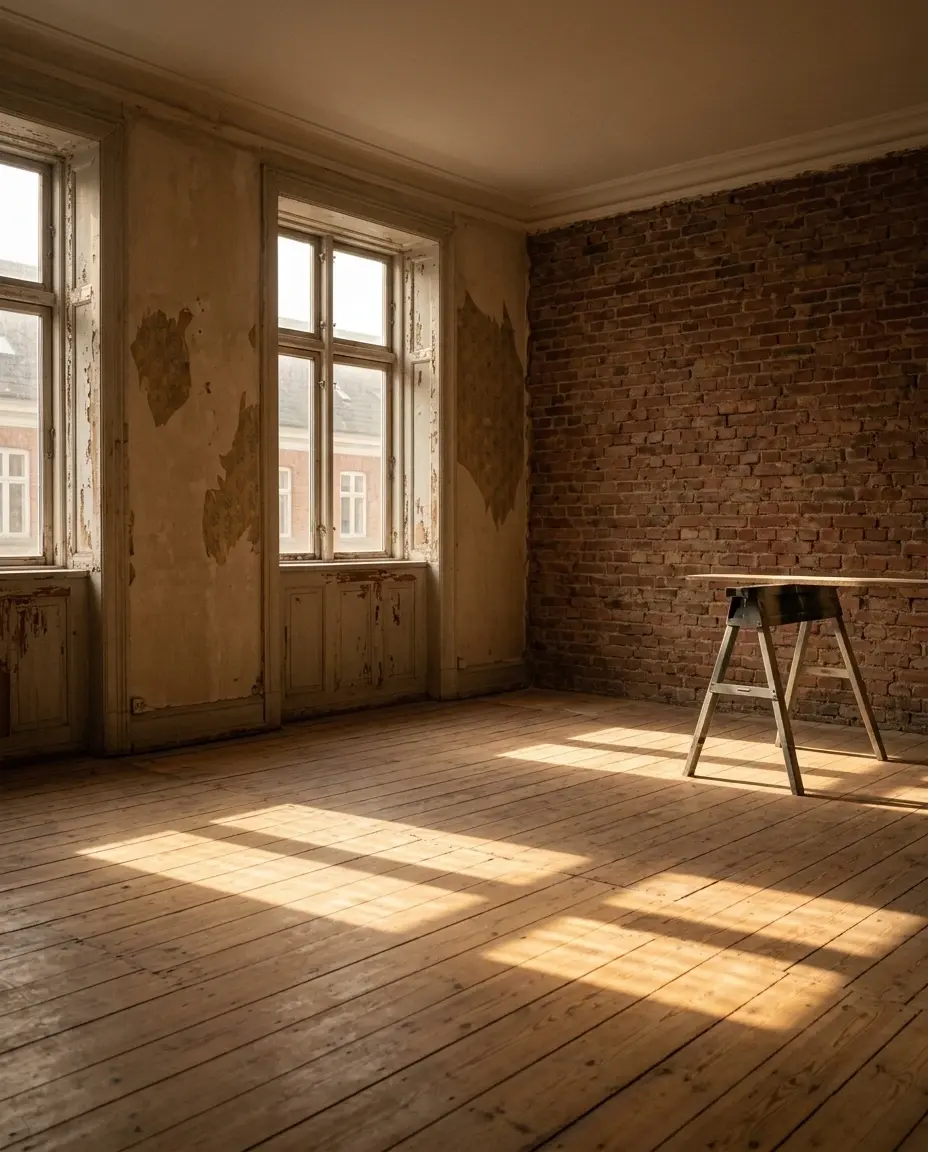 Empty room under renovation, light streaming in